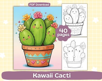 Dibujos para colorear de cactus kawaii / Hojas para colorear de plantas en macetas / Libro para colorear para adultos y niños / Descarga digital