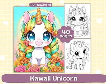 Páginas para colorear de unicornios kawaii / Hojas para colorear de fantasía / Libro para colorear kawaii imprimible / Descarga digital