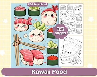 Páginas para colorear de comida kawaii / Libro para colorear para adultos / Imprimible / Descarga digital