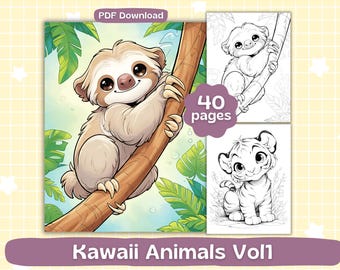 Dibujos para colorear de animales kawaii / Hojas para colorear de animales de la selva / Libro para colorear para adultos / Descarga digital