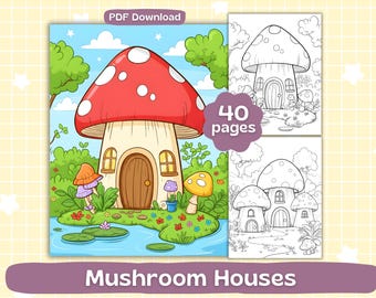 Páginas para colorear de casas de hongos / Hojas para colorear de casas kawaii / Libro para colorear para adultos y niños / Descarga digital