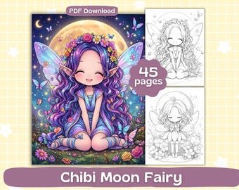 Páginas para colorear de hadas chibi / Hojas para colorear de hadas de la luna / Libro para colorear kawaii imprimible / Descarga digital