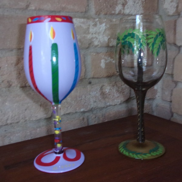 2 Hand Painted Lolita Wine Glasses for "60 is Sexy” Birthday and Green Palm Tree