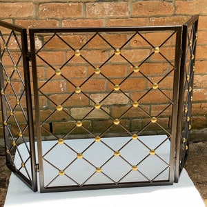 Mid 20th Century French Jean Royere Style Fireplace Screen, Wrought Iron and Brass Coins