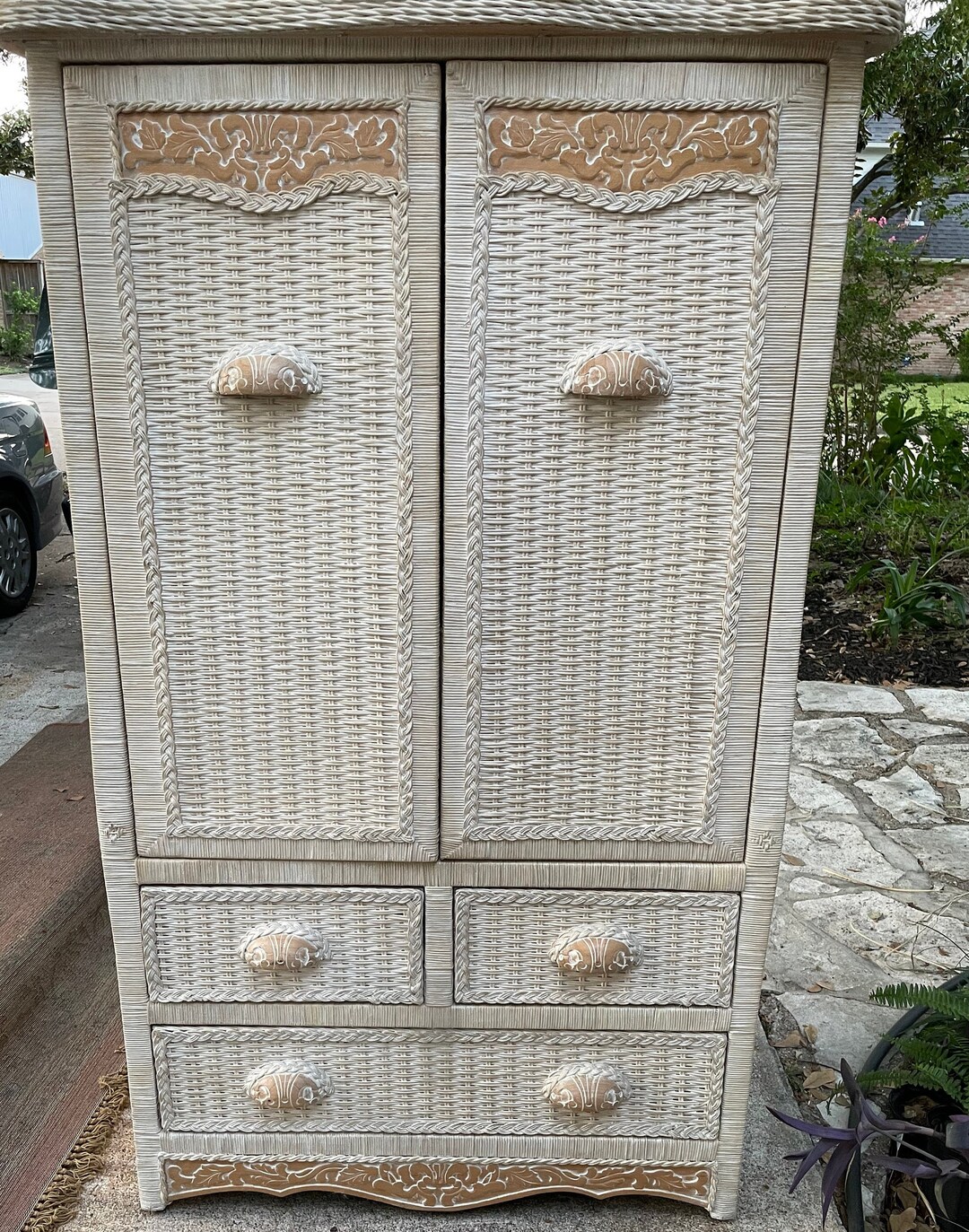 White Wash Rattan Armoire, Wicker Wardrobe, by Pier 1 Jamaica