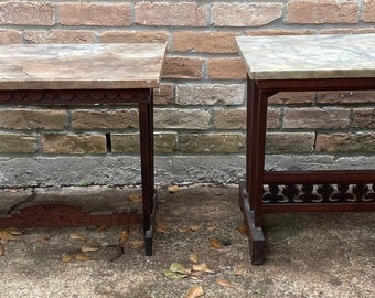 Victorian Tables, Eastlake, Spoon Carved, Marble Tops,  Two Available