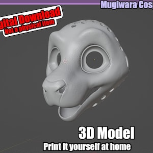 Op de afbeelding: Een lichtgrijs 3D-model van een dierenkop met grote ogen en een open mond. De afbeelding bevat de tekst "Digital Download, Not a physical item, 3D Model, Print it yourself at home." De tekst "Mugiwara Cosplay" is ook zichtbaar.