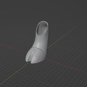 May include: A 3D-rendered, light gray object resembling a hoof. The object is upright, with a cylindrical upper portion and a split, rounded lower section. The model is set against a dark gray grid background.