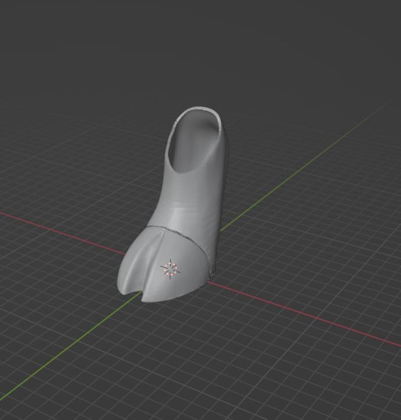 May include: A 3D-rendered, light gray object resembling a hoof. The object is upright, with a cylindrical upper portion and a split, rounded lower section. The model is set against a dark gray grid background.
