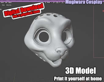 Puede incluir: Modelo 3D de una cabeza de animal en color gris claro, probablemente para cosplay. El modelo presenta grandes cuencas oculares, una nariz prominente y agujeros en la parte superior. El texto dice "Descarga digital" y "Modelo 3D".
