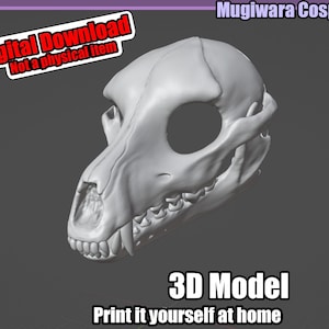 Peut inclure: Modèle 3D d'un crâne de canidé gris. Le crâne présente une structure osseuse détaillée, avec des dents et des orbites. Le texte sur l'image indique "Téléchargement numérique, Pas un article physique, Modèle 3D, Imprimez-le vous-même à la maison."