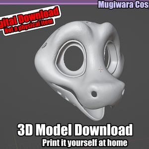 Puede incluir: Modelo 3D gris de una cabeza de animal de estilo caricatura, probablemente para cosplay. La imagen incluye el texto "Digital Download" y "3D Model Download". El texto "Print it yourself at home" también es visible.