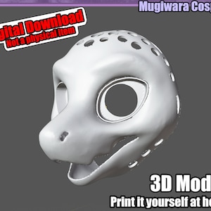 May include: A white 3D model of a dragon or lizard-like mask for cosplay. The mask has large eye openings, a snout, and several small holes around the head. Text on the image reads "Digital Download, Not a physical item" and "3D Model, Print it yourself at home."