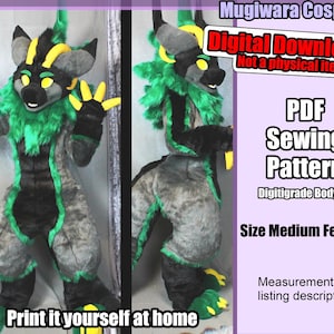 Op de afbeelding: Een digitaal downloadbare PDF-naaipatroon voor een digitigrade bodysuit. Het patroon is voor een medium maat vrouw en bevat instructies voor het afdrukken thuis. De afbeelding toont een groen-zwarte harige bodysuit met gele accenten.