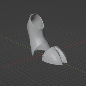 May include: A 3D-rendered, light gray object, possibly a shoe or sculpture, is displayed against a dark gray grid background. The object is composed of two main parts, one resembling a high heel and the other a toe section.