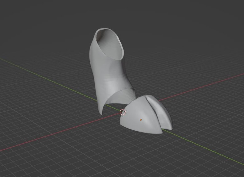 May include: A 3D-rendered, light gray object, possibly a shoe or sculpture, is displayed against a dark gray grid background. The object is composed of two main parts, one resembling a high heel and the other a toe section.