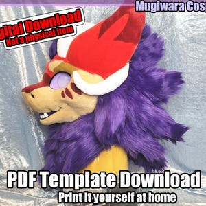 May include: A purple and red furry animal head with white accents. The head is a digital download for a PDF template that can be printed at home. The text "Digital Download Not a physical item" and "Mugiwara Cosplay" are visible in the image. The text "PDF Template Download Print it yourself at home" is also visible in the image.