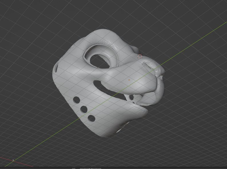 May include: A light gray, 3D-rendered mask of a feline head. The mask has large eye openings, a prominent nose, and a smiling mouth. Three circular holes are on the left side of the mask. The mask is set against a dark gray grid background.