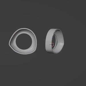 May include: Two gray, abstract, ring-shaped objects. One is flat, the other is a curved band. The objects are set against a dark gray background. The design is simple and modern, with smooth, rounded edges.