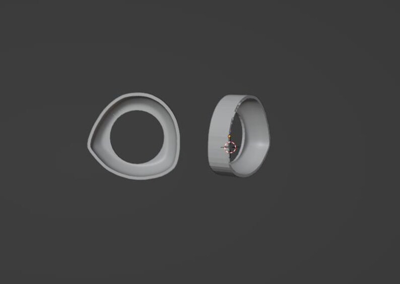 May include: Two gray, abstract, ring-shaped objects. One is flat, the other is a curved band. The objects are set against a dark gray background. The design is simple and modern, with smooth, rounded edges.