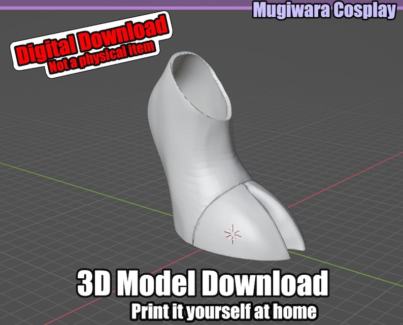 May include: A 3D model download of a white cosplay boot. The image includes the text "Digital Download Not a physical item" and "3D Model Download Print it yourself at home". The boot is a digital file for printing at home.