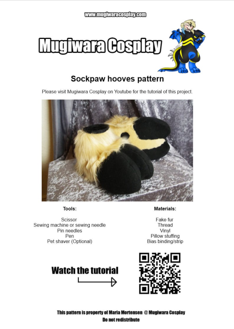 May include: A pair of sockpaw hooves, made with faux fur, thread, vinyl, and pillow stuffing. The hooves are brown and black with a yellow stripe. The image includes a QR code that links to a tutorial on how to make the hooves.
