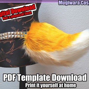 May include: A digital download PDF template for a yellow and white fur tail cosplay prop. The text "Mugiwara Cosplay" and "Digital Download Not a physical item" is visible in the image. The text "PDF Template Download Print it yourself at home" is also visible in the image.