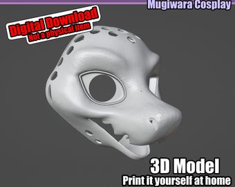 Może przedstawiać: Model 3D białej maski smoka z dużymi otworami na oczy i małymi otworami. Tekst "Digital Download" i "3D Model" jest widoczny. Przeznaczony do cosplayu.
