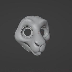 May include: A light gray, 3D-rendered lion cub head with large, open eyes and a slightly open mouth. The head is smooth with subtle details, including the shape of the nose and ears. The background is a solid, dark gray.