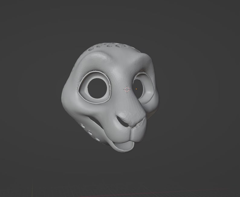 May include: A light gray, 3D-rendered lion cub head with large, open eyes and a slightly open mouth. The head is smooth with subtle details, including the shape of the nose and ears. The background is a solid, dark gray.