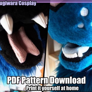 Op de afbeelding: Close-up van een blauw en zwart, bont hoofd met een roze tong die uitsteekt. Het hoofd heeft witte tanden en een zwarte neus. De tekst "PDF Pattern Download Print it yourself at home" staat onderaan de afbeelding.