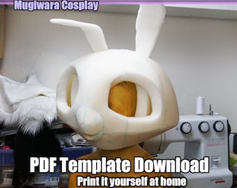 Könnte beinhalten: Ein weißer Schaumkopf mit Hasenohren, der mit Linien und Kreisen markiert ist, wird für ein Cosplay-Projekt bearbeitet. Der Text "PDF Template Download Print it yourself at home" ist am unteren Rand des Bildes sichtbar.