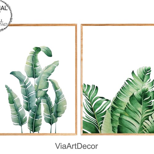 Tropical leaf Print Set of 2 Banana leaves Printable Wall art Modern botanical Large poster Watercolor Bohemian Wall Decor Digital Download