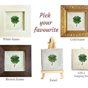 May include: An assortment of framed art pieces featuring a green four-leaf clover. The frames are in white, gold, and brown. One piece is on a small wooden easel, and another has a hanging hook. Text reads "Pick your favourite."
