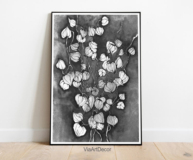 Black and White Botanical wall art Floral Ink Watercolor Etsy