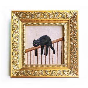 Black cat lying on a rail of a staircase Oil painting Framed Funny black cat nap Mini painting canvas 2,7x2,7 in Meme cat portrait Fun gift