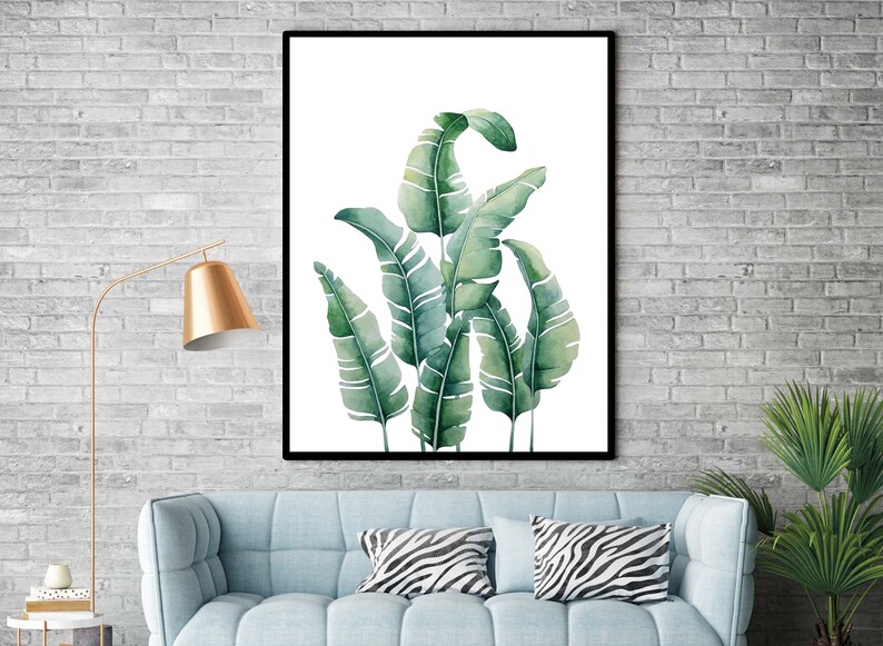 Tropical leaf Print Banana leaves Wall art Printable Botanical Large poster Greenery Watercolor Palm plant Boho decor art Digital Download