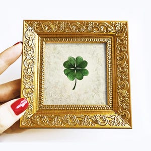 May include: A small, square, gold-colored picture frame with ornate detailing. Inside the frame is a canvas with a green four-leaf clover. The frame is held by a hand with red nail polish.