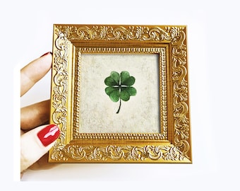 Miniature Four Leaf Clover Painting, Irish Shamrock Art, Framed Canvas Charm (Gold Frame)