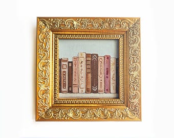 Miniature Book Stack Oil Painting: Vintage Style Framed art, Cottagecore Small art