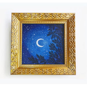 Starry night sky and moon Original oil painting on canvas Nature landscape Moody celestial wall art Small framed art 4x4 inches Handpainted