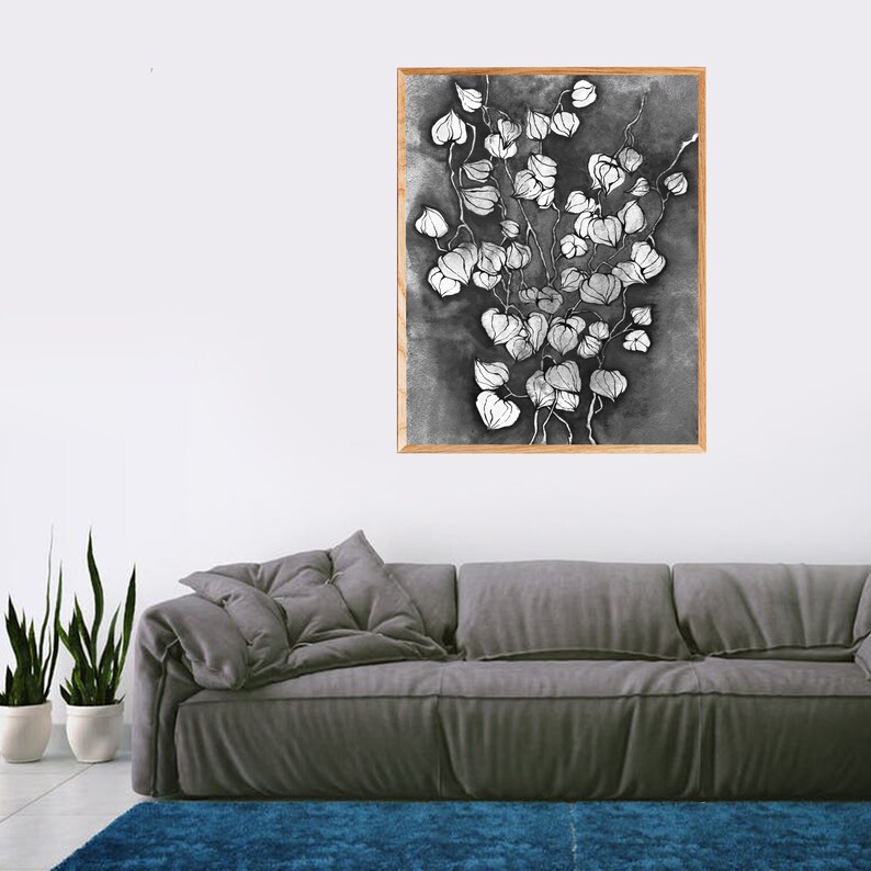 Black and White Botanical wall art Floral Ink Watercolor Etsy