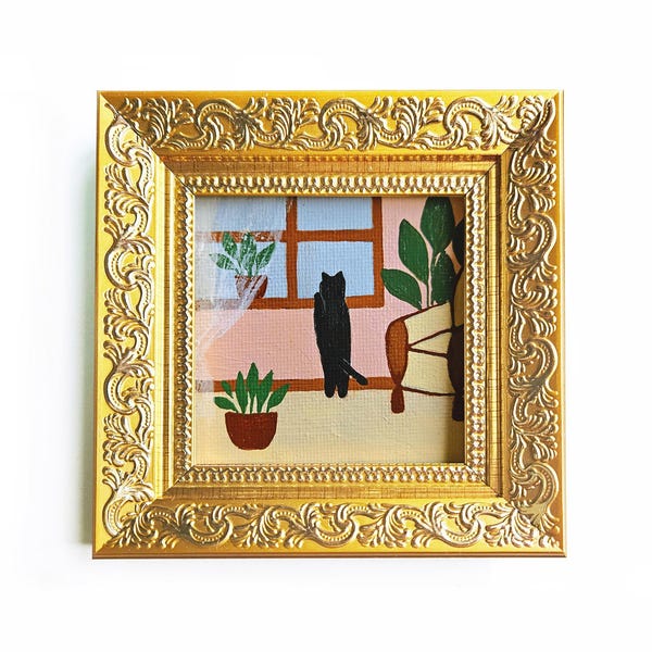 Framed Black Cat Oil Painting: Original Funny Cat Looking out a Window (2.7x2.7" Mini Artwork)