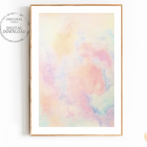 Impressão de nuvem pastel, céu, aquarela abstrata, arte de parede, para impressão, rosa, azul, roxo, pôster neutro, grande, decoração de quarto moderno, download digital