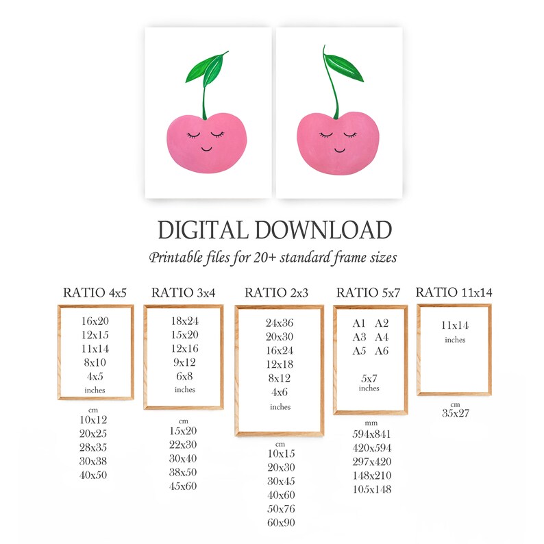 Cherries Wall art Set of 2 Print Pink nursery Printable Minimalist Girl room decor Kids Playroom fruit art Modern nursery Digital Download