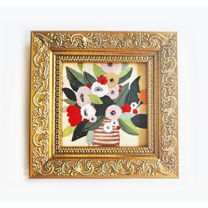 Small Floral Oil Painting: Colorful Flowers in Vase, Framed Miniature art (2.7x2.7 in)