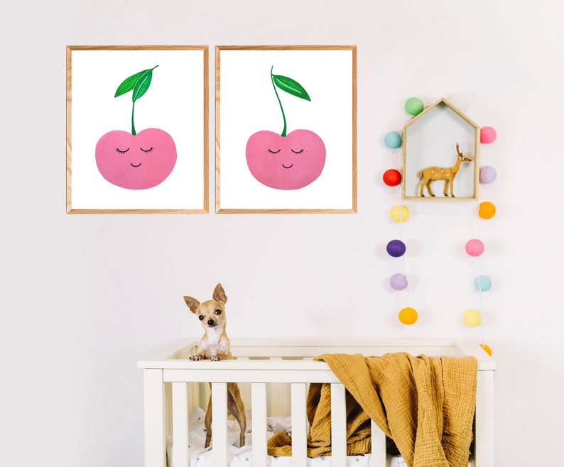 Cherries Wall art Set of 2 Print Pink nursery Printable Minimalist Girl room decor Kids Playroom fruit art Modern nursery Digital Download