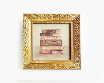 Framed Book Stack Oil Painting: Vintage Cottagecore Book Lover Gift - Small 4x4"