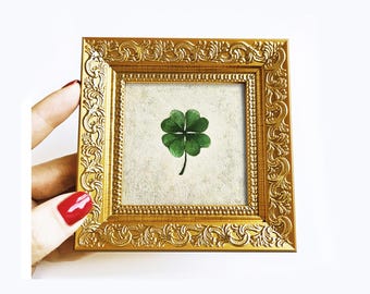 Framed Four Leaf Clover Oil Painting: Lucky Irish Shamrock Amulet - Mini art 2,7"