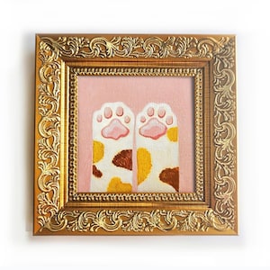 Cute cat paws oil painting Framed small art Adorable calico cat paw art Pet lover gift Spotted cat on pink Funny wall art Original mini art